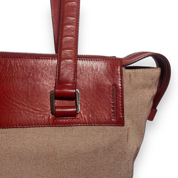 Jil Sander Shoulder Bag Red Leather & Canvas Tote Leather Lining w Keys No Lock - Picture 8 of 15